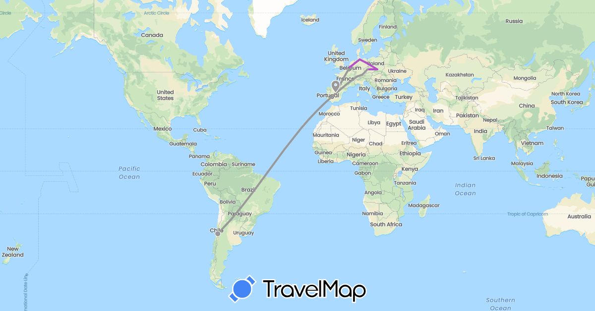 TravelMap itinerary: driving, plane, train in Belgium, Switzerland, Chile, Czech Republic, Germany, Spain, Poland (Europe, South America)